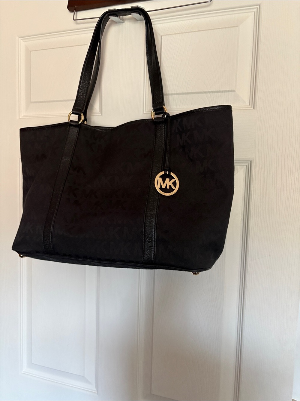 Michael Kors Black Jacquard Tote with Gold MK Charm
